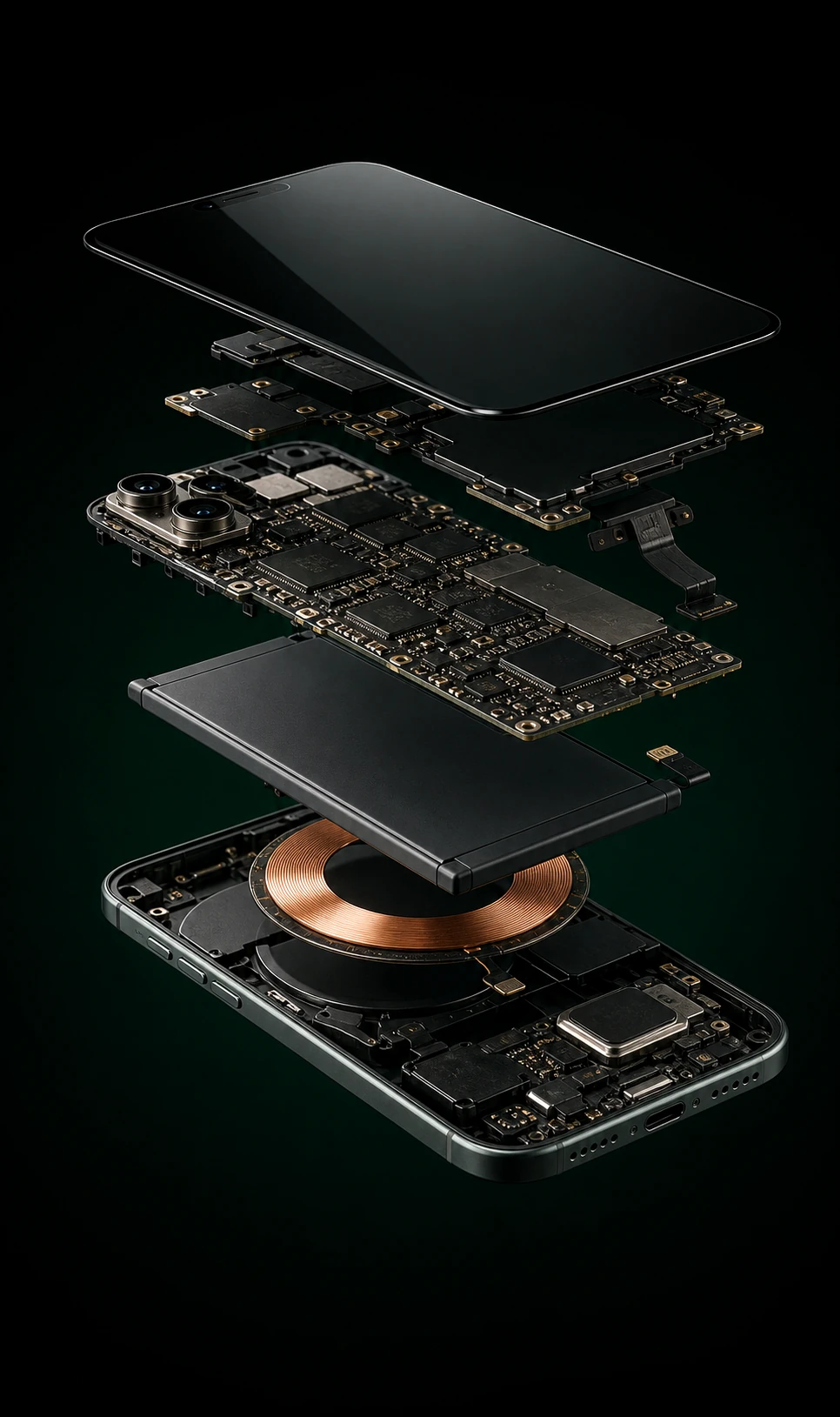 Explosionsdarstellung eines Smartphones mit allen Bauteilen