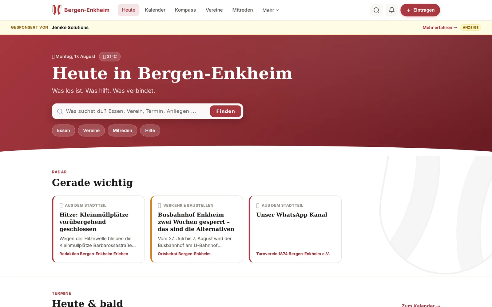 Startseite der App Bergen-Enkheim Erleben: „Heute in Bergen-Enkheim — Was los ist. Was hilft. Was verbindet.“ mit Suchfeld und aktuellen Meldungen.