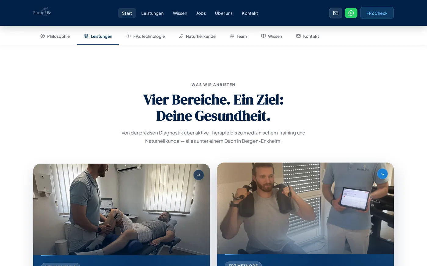 Leistungs-Abschnitt: Überschrift „Vier Bereiche. Ein Ziel: Deine Gesundheit.“ über einem Raster aus Leistungsbildern.