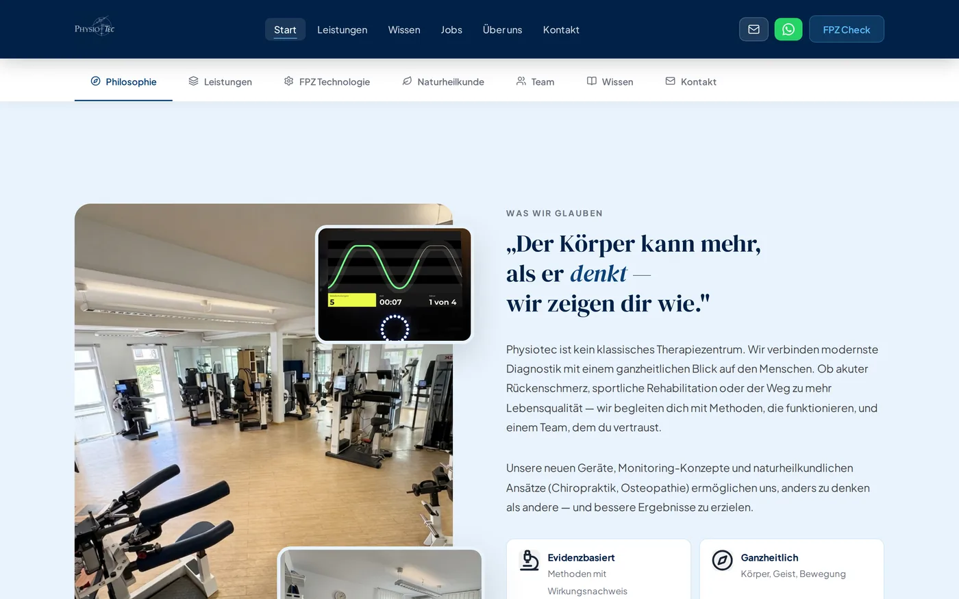 Philosophie-Abschnitt der neuen Seite mit einem großen Zitat und Fotos aus den Behandlungsräumen.