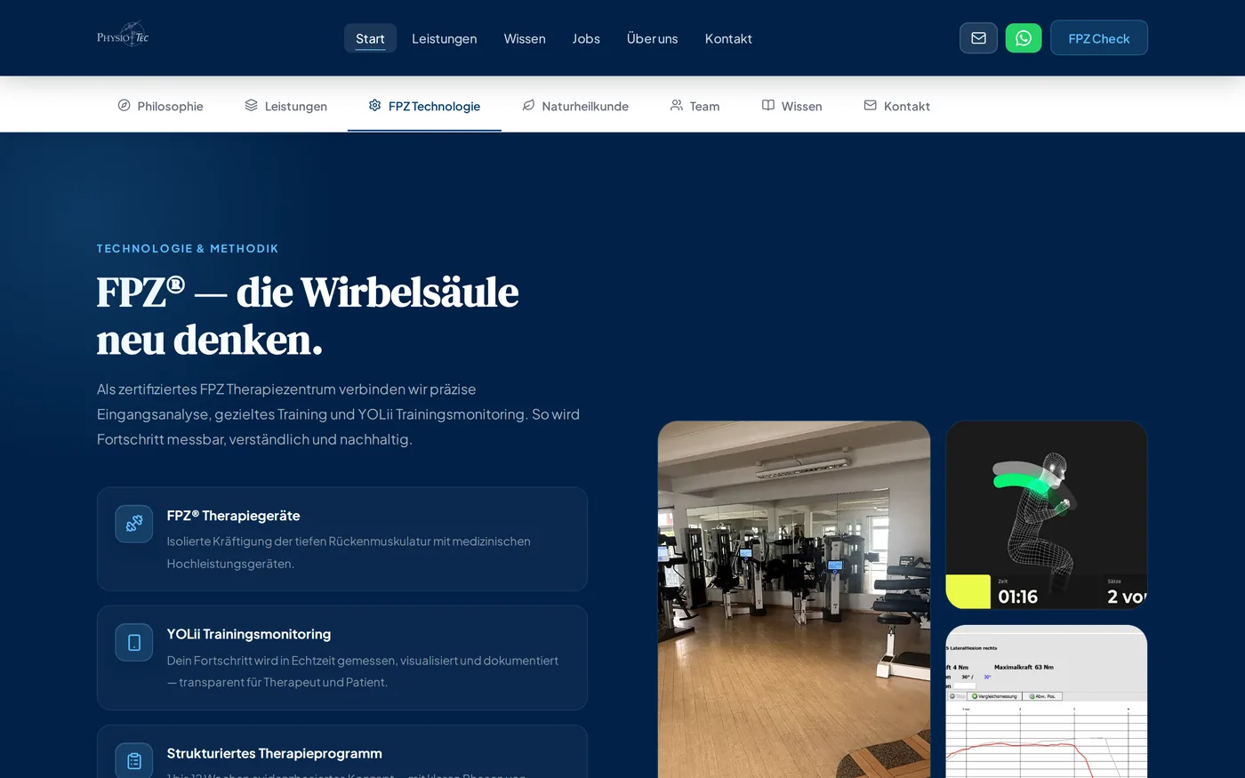 Technologie-Abschnitt zur FPZ-Therapie mit Erklärkarten und Aufnahmen aus dem Trainingsraum.